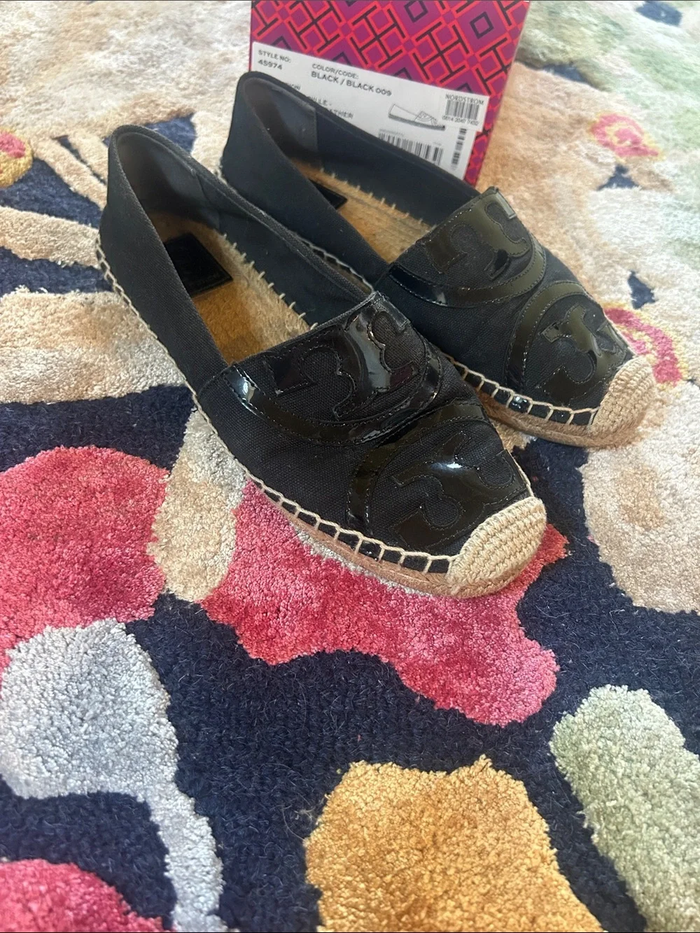 Tory Burch Poppy Black Espadrille Loafers with Patent Accents - Women